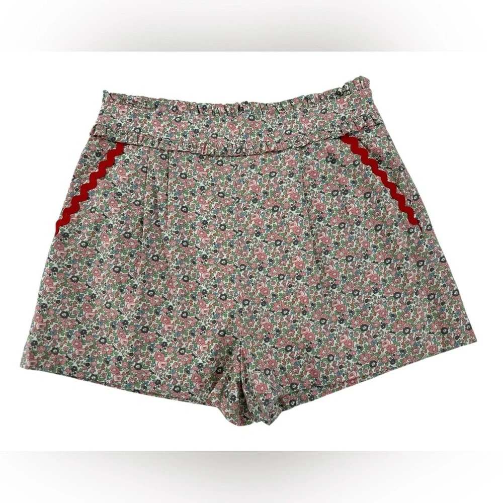 English Factory Micro Floral Ruffle Waist Shorts Red Trim Cottagecore Size Large